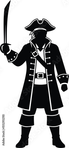 Simple black silhouette of pirate standing with sword in hand and hat on head. Flat vector style