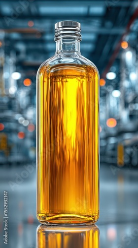 Clear glass bottle filled with golden liquid sits on reflective surface in industrial factory setting at daytime