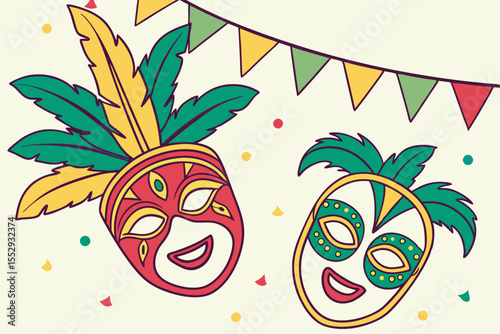 Brazilian festival masks postcard celebrating culture, tradition, carnival party. Popular Brazil event with festive mood vertical copy space vector illustration