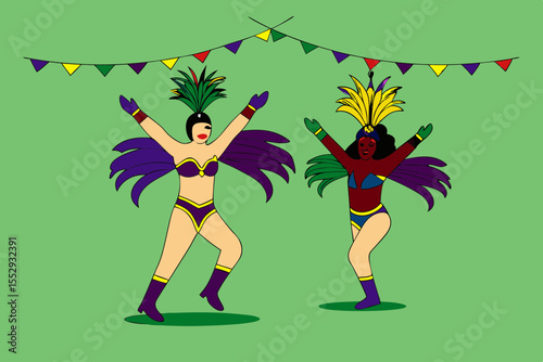 Brazilian samba dancers wearing colorful festival costumes dancing on a historic street carnival party Brazil culture celebration vector illustration