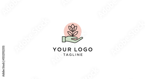 Minimalist logo design featuring hand holding a blooming flower with soft colors and clean lines