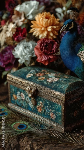 Beautiful peacock perched on a decorated box surrounded by vibrant flowers in an artistic display