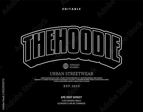 Editable Text Effect Vector of  Black White Streetwear Utilitian College hoodie or tshirt Design for Printing, garment, merchandise, apparel, small business, team