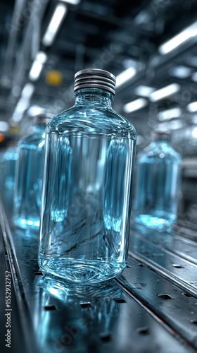 Clear glass bottles filled with water line a conveyor belt in a modern production facility