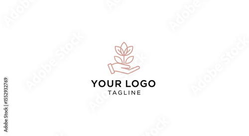 Minimalist hand holding plant logo design representing growth and care for nature