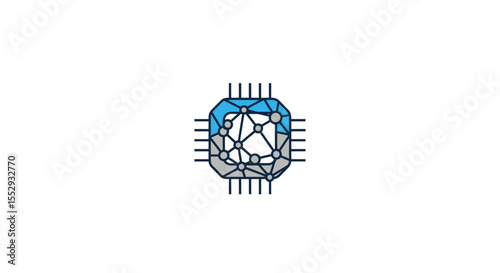 Abstract digital representation of a microchip with connected nodes symbolizing network technology