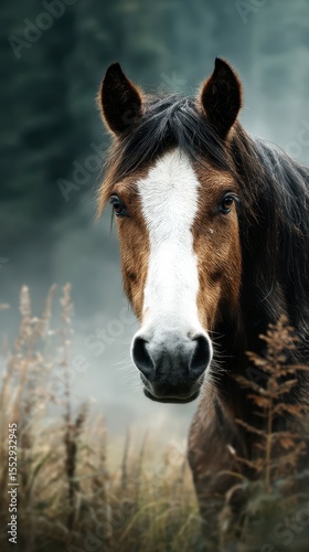Horse gazes calmly in a misty forest during early morning hours