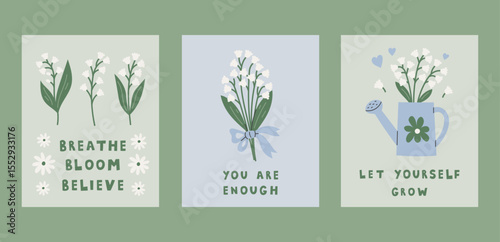 Inspirational Posters with Spring Flowers set. Lily of the Valley Floral Banners and Cards with Motivational phrases and quotes. Delicate self care sayings. Vector illustration