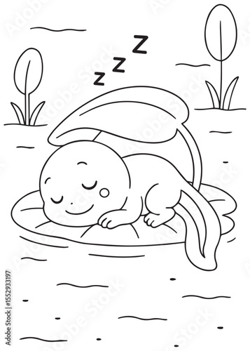 Coloring book page of a tadpole peacefully sleeping under a large flower.