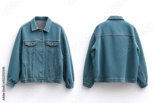 Denim jacket displayed on a white background, showcased from both the front and back. Clean lines and simple styling.