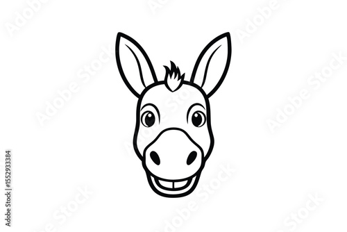 Monochrome cartoon donkey face displays its teeth in a friendly, happy smile