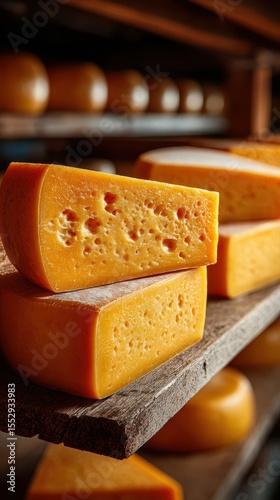 Cheese wedges arranged on wooden shelves in an aging facility during the daytime
