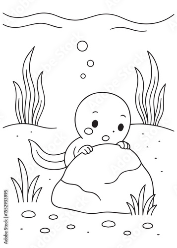 Coloring book page of a tadpole hiding shyly behind a rock underwater.