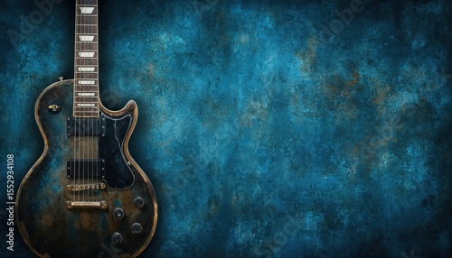Electric guitar on grungy textured blue background. Musical instrument art illustration shows stringed equipment, fretboard, string. Grunge style combines culture, entertainment, performance, modern