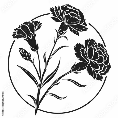 Elegant Carnation Silhouette A Floral Design in Black and White Circle