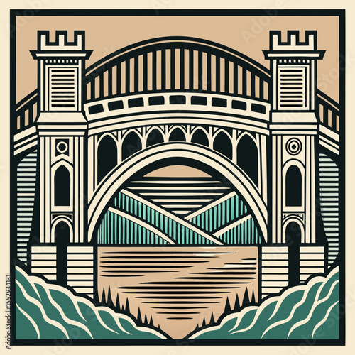 Stylized Bridge Illustration with Towers and Arches in a Limited Color Palette