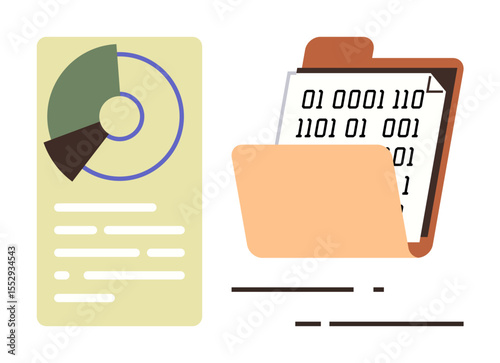 Pie chart and text on a document beside a folder with binary code page. Ideal for analytics, data management, digital storage, coding, technology, information systems, simple flat metaphor