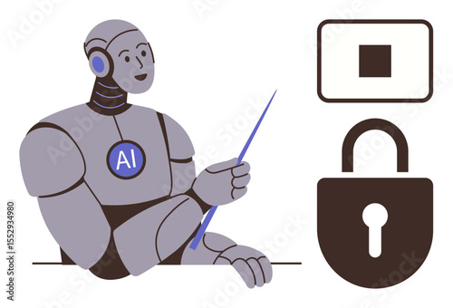 AI robot holding pointer beside lock and power switch symbols, emphasizing privacy, technology, cybersecurity. Ideal for AI, education, safety, innovation, data protection secure access simple flat