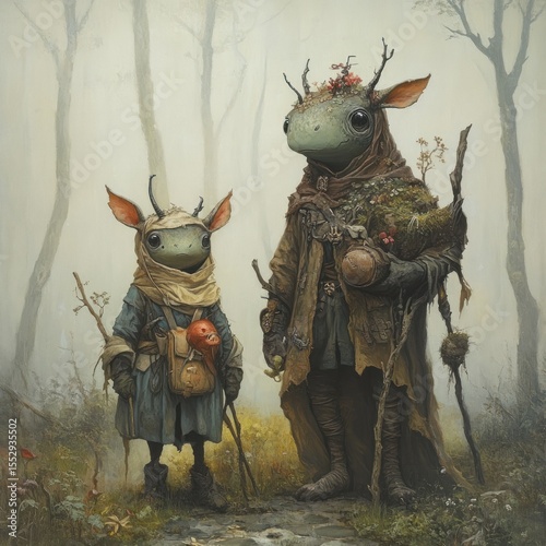 Two mystical creatures in a misty forest