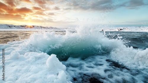 Dramatic ocean waves crash against a rocky shoreline under a brilliant sunset, capturing the raw beauty of nature and inspiring a sense of awe and adventure.