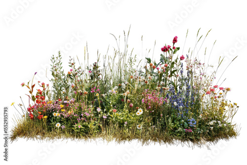 Vibrant patch of wildflowers and native grasses blooming in a sunny meadow during springtime along the countryside