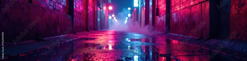Obraz premium Neon-drenched alley; slick concrete reflects vibrant hues Smoke drifts , concrete, backdrop