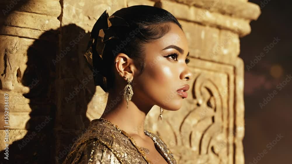 A portrait of an elegant woman in front of an architectural structure, side profile, showcasing her refined features and grace. She radiates an aura of sophistication and poise.