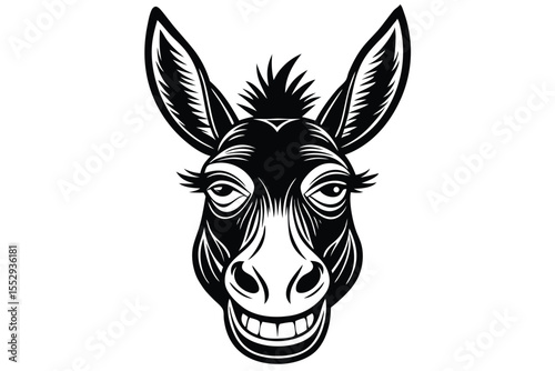 Black and white line drawing showcases a cheerful donkey face with a big smile