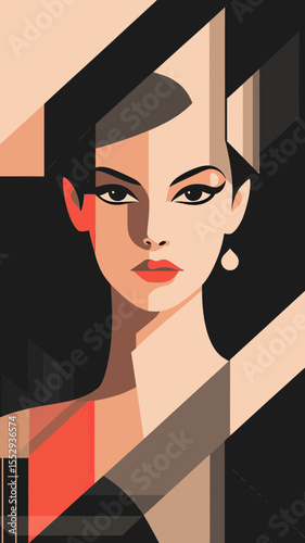 Geometric Art Deco Style Minimalist Portrait of Woman with Red Lips and Earring Abstract Flat Vector Illustration