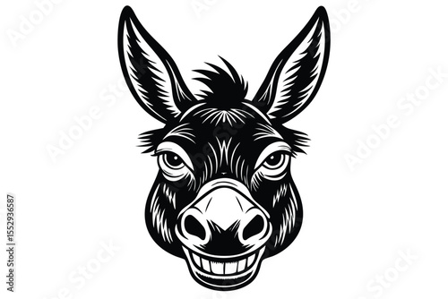 Monochrome donkey smiles broadly, showcasing its teeth within an illustrative design facing forward