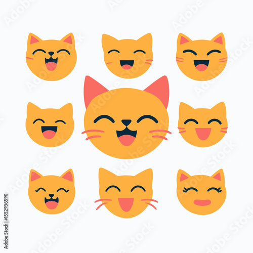 Set of nine happy orange cat faces with various joyful expressions, cute cartoon pet emotions, playful feline emoji collection vector