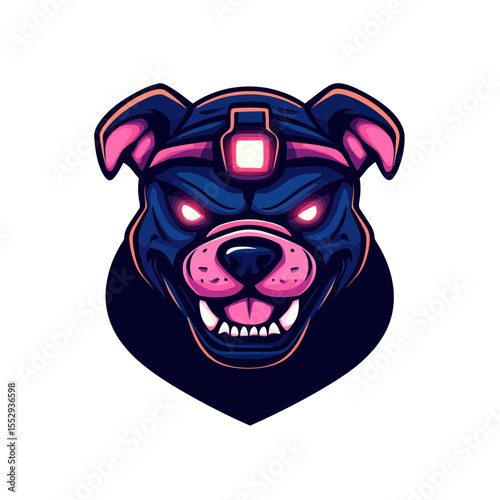 Aggressive dog head mascot with glowing eyes and headlamp in dark neon style aggressive pitbull illustration for logo design or esports emblem concept