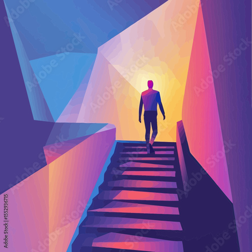 Abstract polygonal man ascending geometric stairs in colorful low poly triangular light gradient background symbolizing progress and achievement