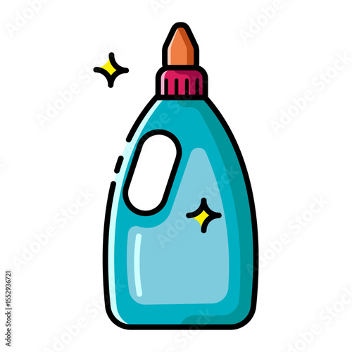 Made in UK Laundry day essentials blue cleaning product bottle with a red cap vector icon.