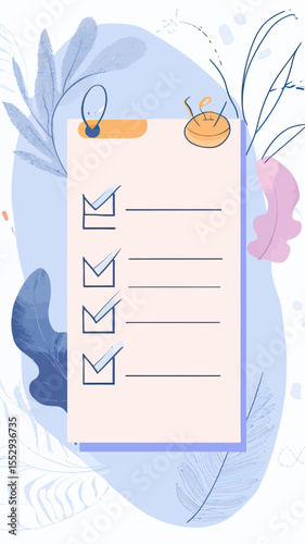 Checklist with four items and three checked boxes on clipboard with decorative abstract background in flat minimalist vector style for task management and productivity concept illustration