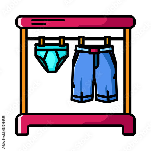 Made in UK Laundry day bliss blue shorts and underwear hanging on a red clothes rack vector icon.