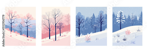 Minimalist vector seasonal landscape set featuring autumn and winter trees with snow and colorful foliage in flat style