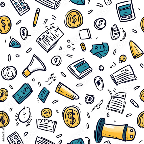 Seamless pattern with hand drawn money coins banknotes megaphone calculator digital device financial business doodle design vector illustration flat style