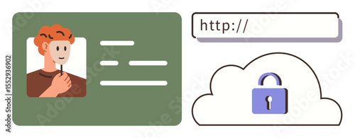 ID card with portrait beside URL bar and cloud secured by lock, highlighting online safety, personal data protection, cybersecurity, secure access, authentication, privacy focus, digital trust. A