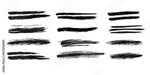 Set of black crayon brush stroke underlines with rough texture and hand drawn style for accent and emphasis design elements vector illustration
