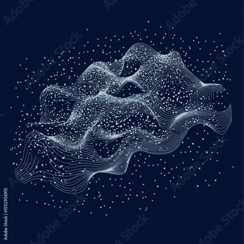 Abstract wavy lines and scattered dots forming dynamic fluid form on dark blue background digital data visualization and futuristic network concept vector illustration