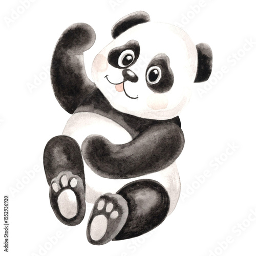 Cute baby panda climbing watercolor illustration for baby design. Hand drawn isolated funny little chinese bear in black and white color. Smiling adorable character in sketch style for childrens theme