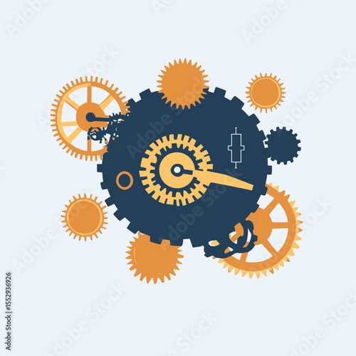 Flat minimalist vector illustration of interlocking orange and dark blue watch gears and cogs in mechanical system with detailed teeth and central hand pointer