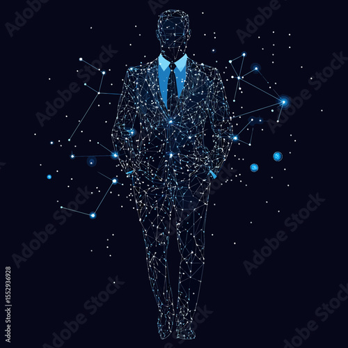 Digital businessman silhouette composed of glowing network lines and points with cosmic starry background and connected constellation shapes in futuristic style vector illustration