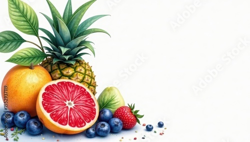 Vibrant watercolor exotic fruits, lush details, painting, illustration