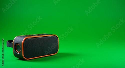Orange-Trimmed Portable Speaker Against a Green Background