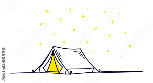 Tent Vector Illustration – One Line Glossy Doodle Camping Icon with Stars for Night Adventure Themes