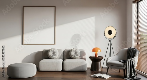 Modern living room interior with light gray sofa armchair and blank wall art ready for customization