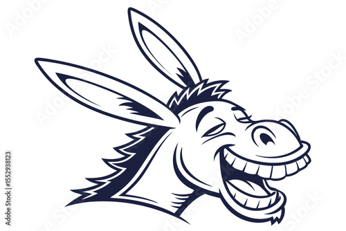 Cartoon donkey head with exaggerated features and a big smile showcases humor