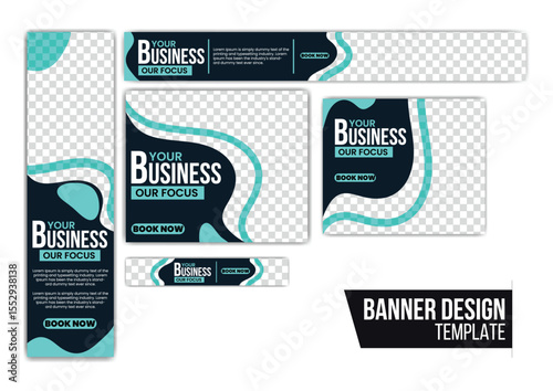 web banner ad set in standard sizes with photo placeholders. Includes horizontal and vertical designs. Perfect for business ads, website headers, social media, and digital marketing.
